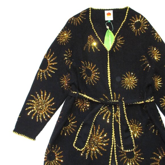 NWT Farm Rio Sun Sequin Cardigan in Sunny Mood Black Belted Long Knit Sweater M - Picture 3 of 8